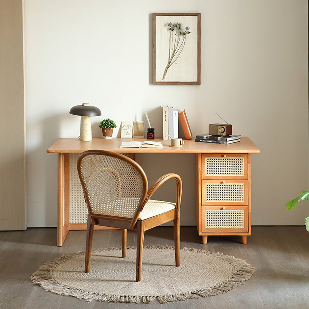 Anya Office Desk With Storage & Office Chair, Ash Wood & Rattan - Miola