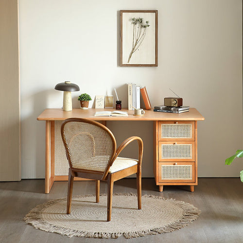 Anya Office Desk With Storage & Office Chair, Ash Wood & Rattan - Miola