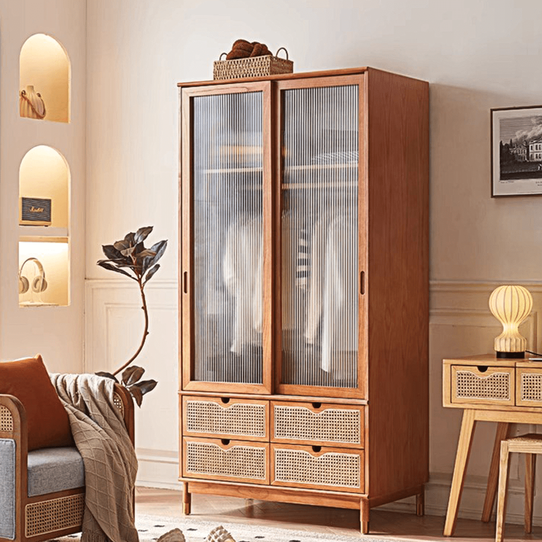 Fritzy Rattan Wardrobe With Coat Hanger & Sliding Glass Doors - Miola