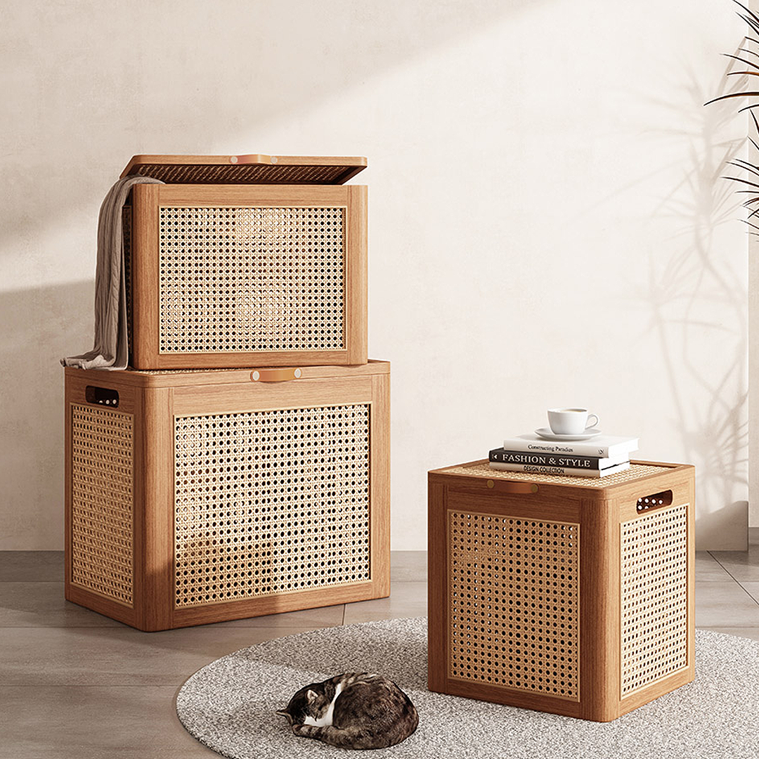 Aka Solid Wood Storage Box With Lid, Rattan Ottoman