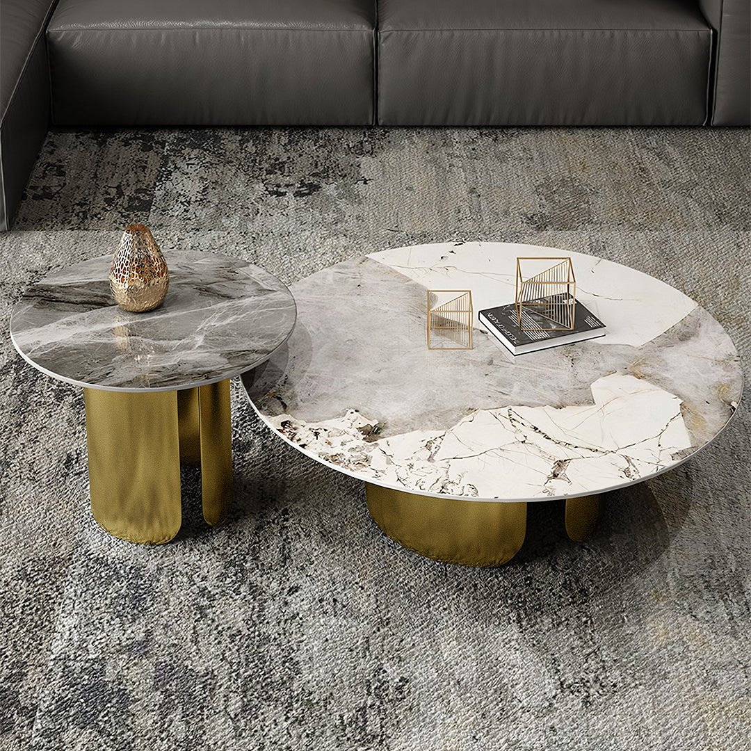 Amina Nesting Coffee Table Set, Gold Base, Sintered Stone - Miola