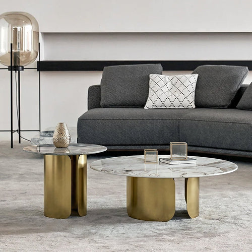Amina Nesting Coffee Table Set, Gold Base, Sintered Stone - Miola