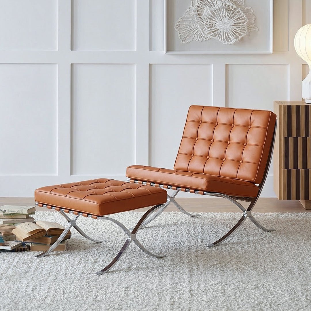 Barcelona Chair And Ottoman, Brown Leather - Miola