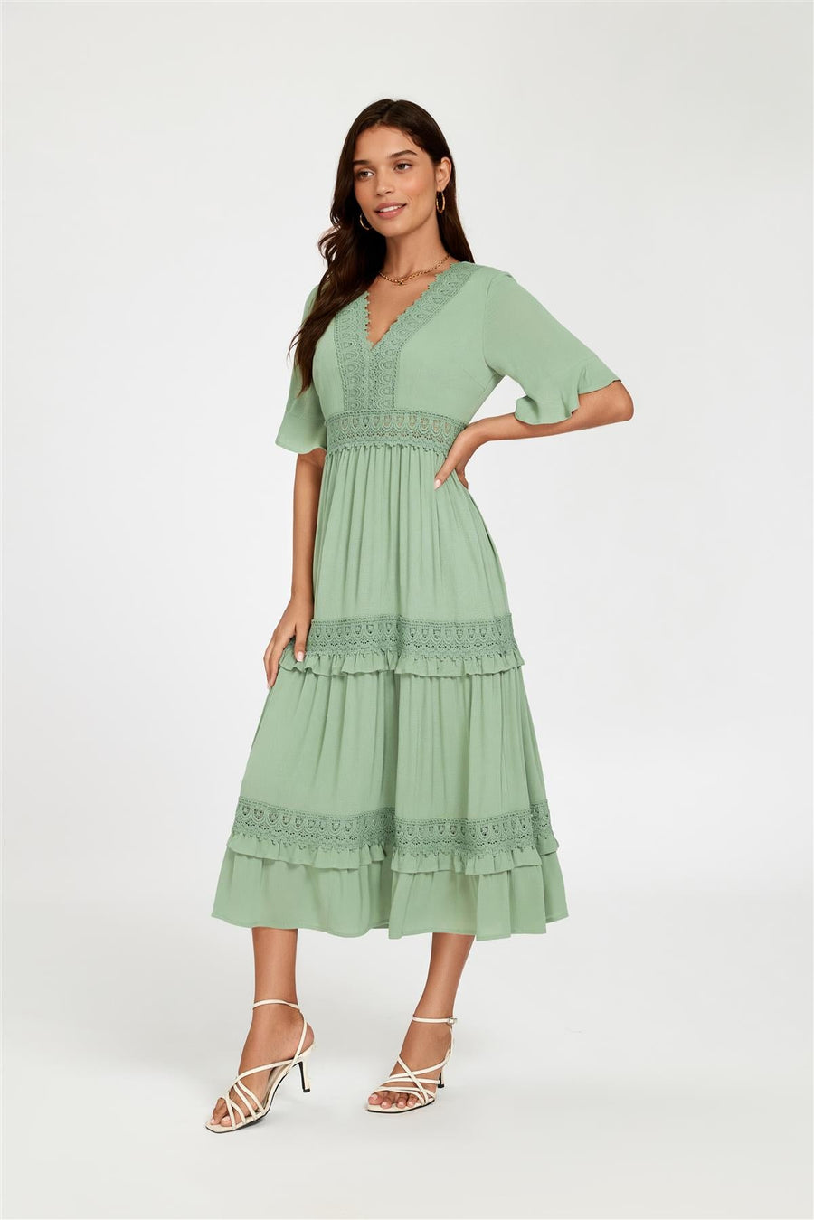 V Neck Lace Detail Midi Dress In Green