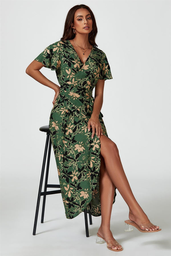 Abstract Floral Wrap Maxi Dress in Olive - Miola