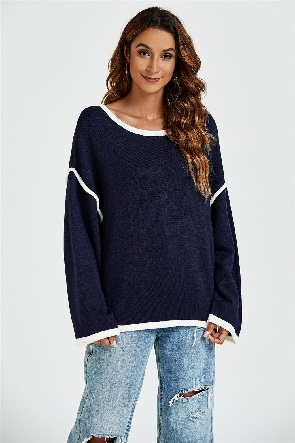 White Striped Oversized Jumper Top in Navy - Miola