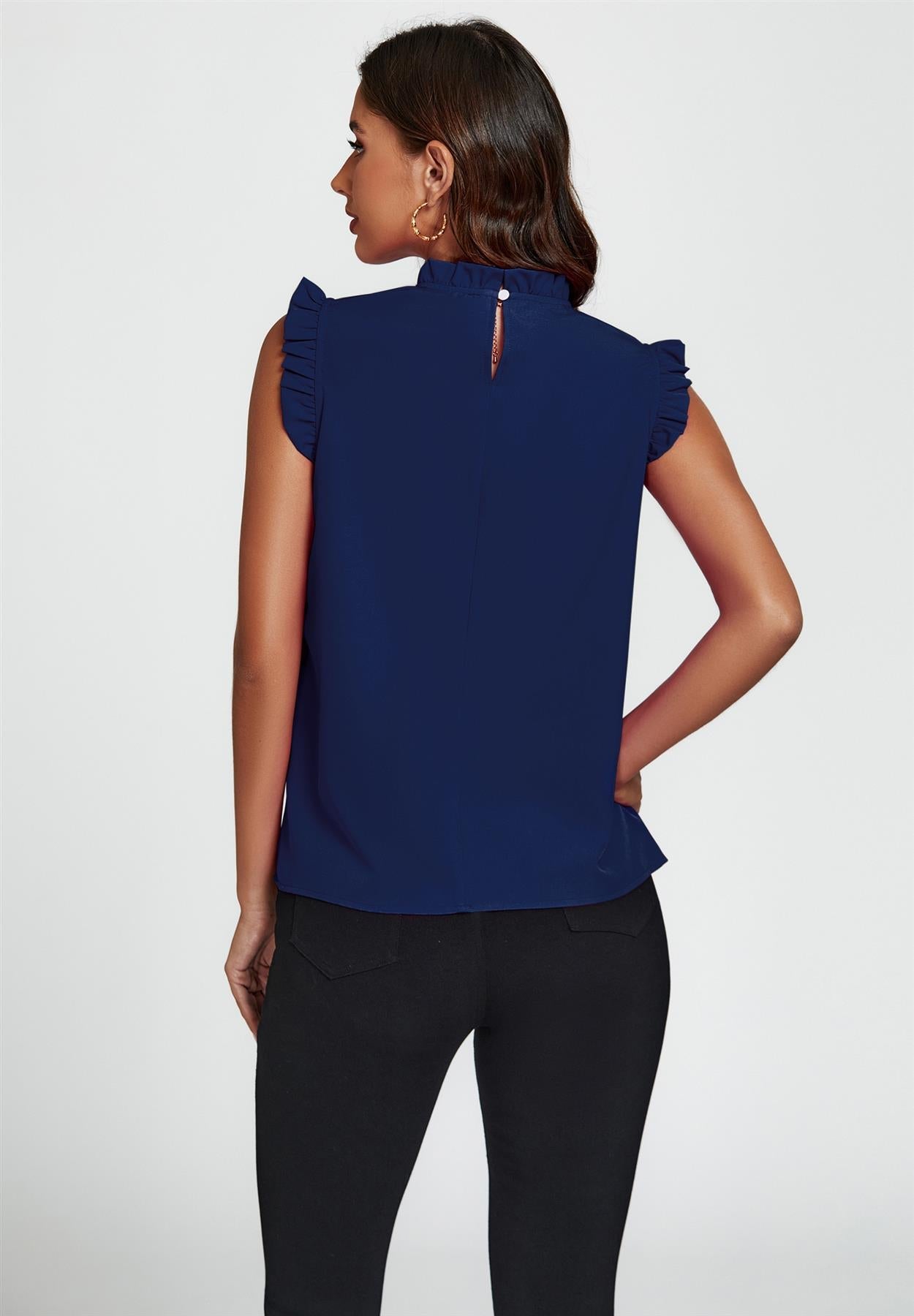 Frill Neck Blouse Top In Navy