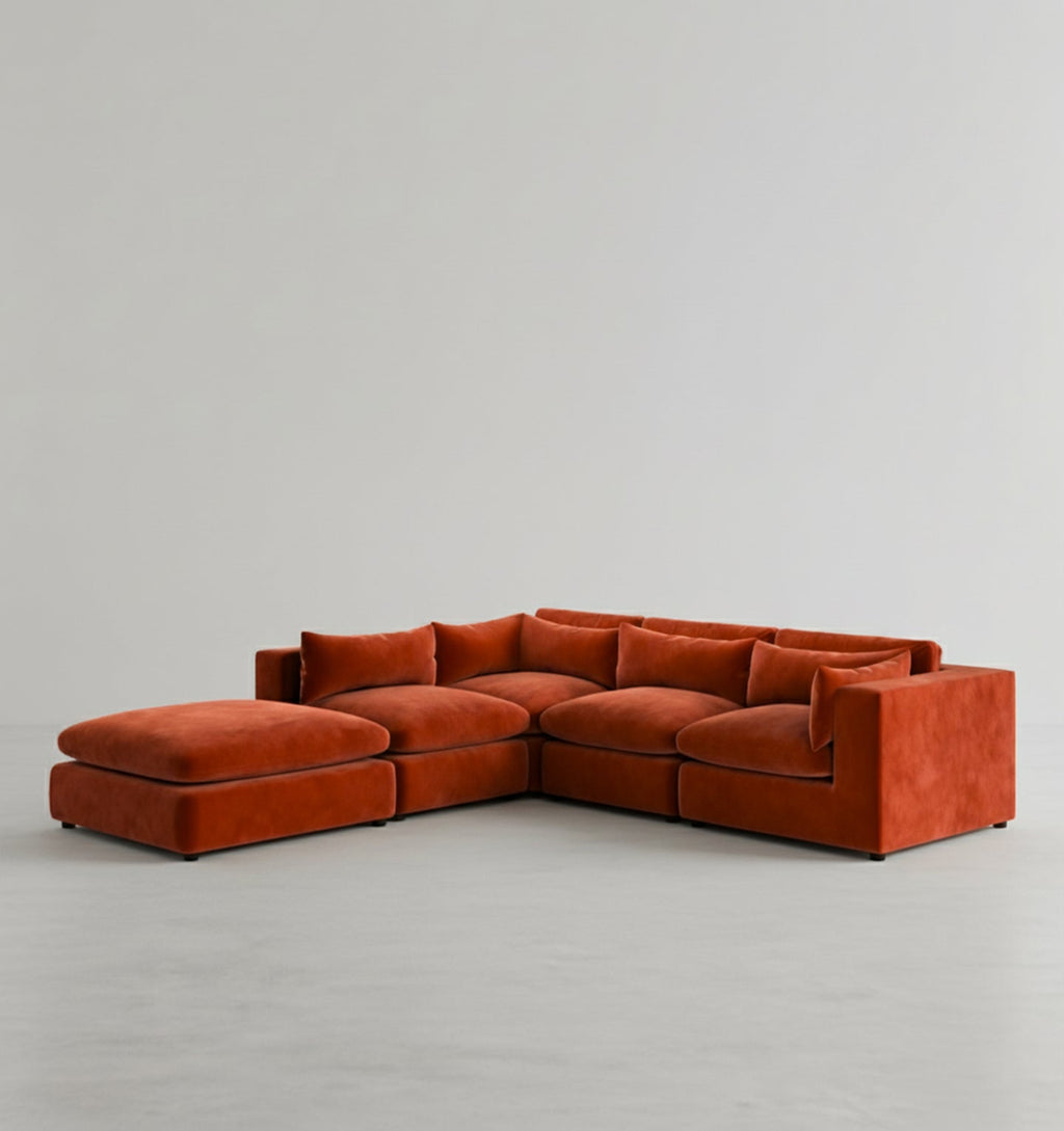 Ranjan Three Seater Corner Sofa, Red Velvet - Miola