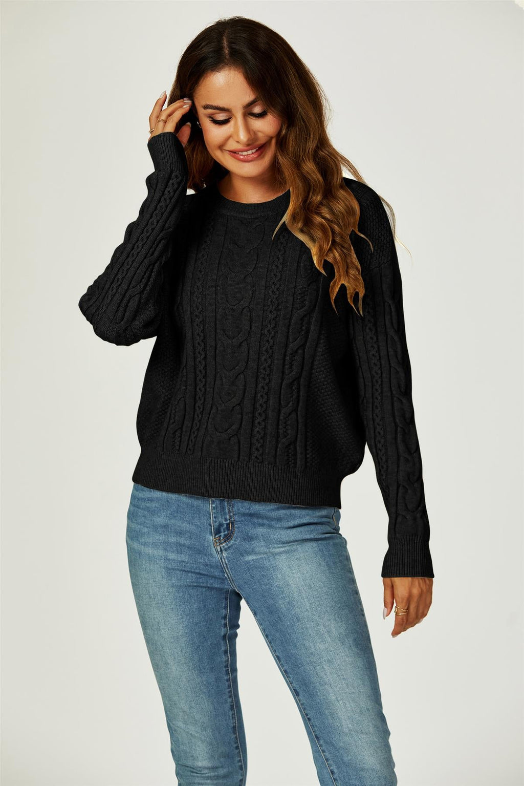 Cable Knit Crew Neck Jumper In Black