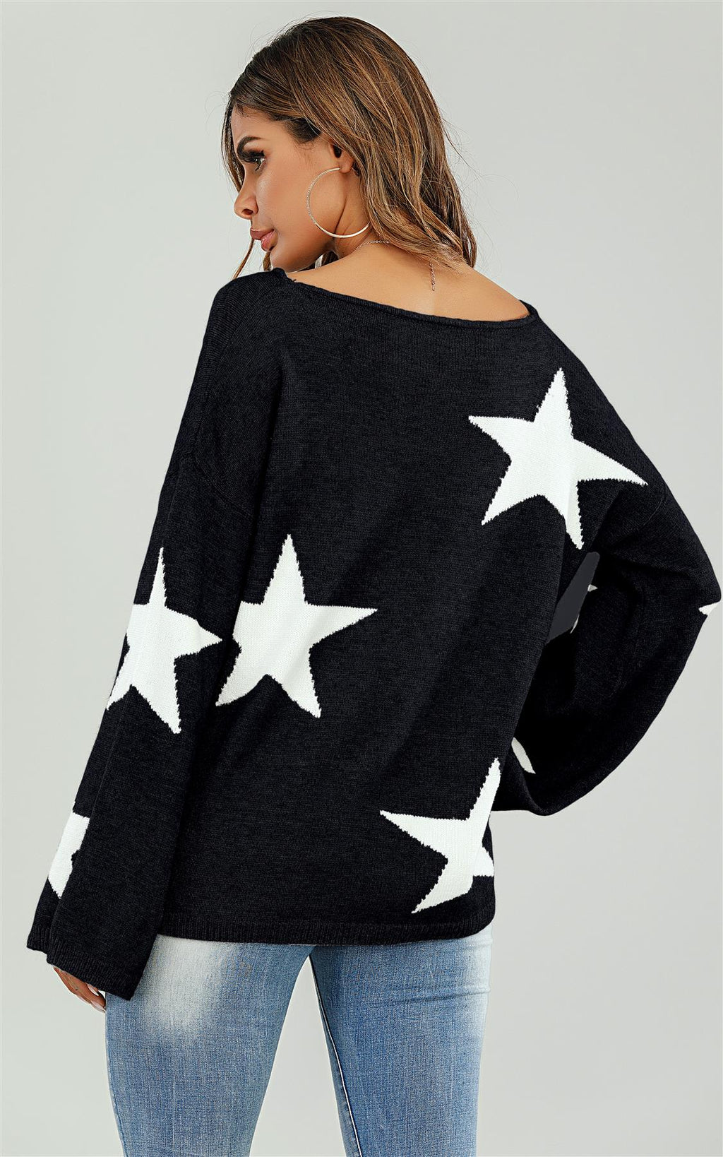 Wide Sleeve Oversize Black Jumper with White Star - Miola