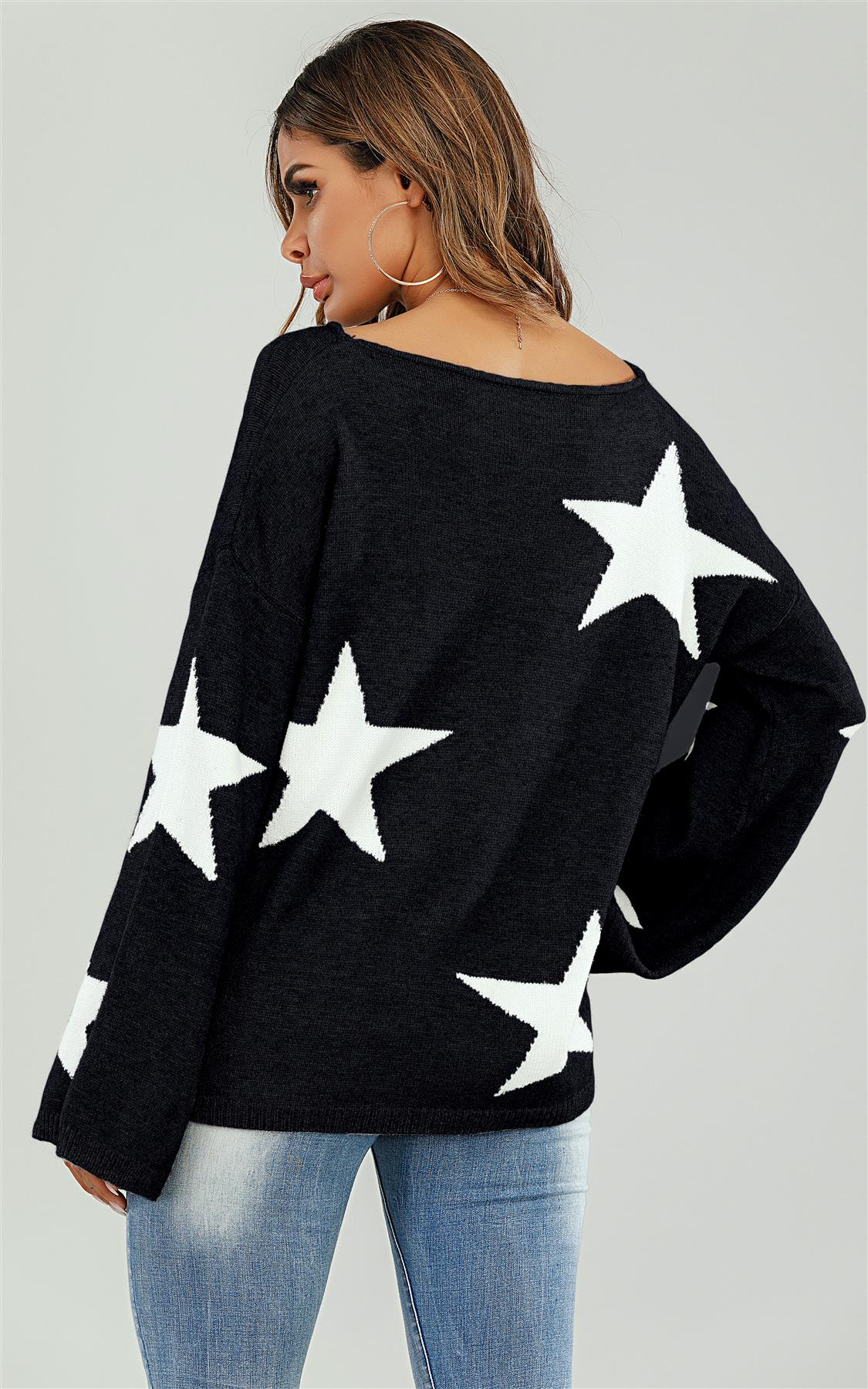 Wide Sleeve Oversize Black Jumper with White Star - Miola