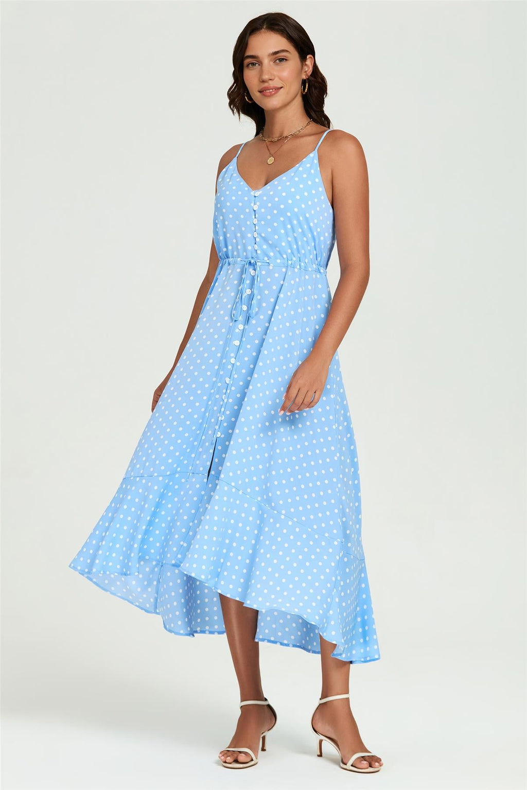 Dot Print Button Down High Low Strappy Dress In Light Blue