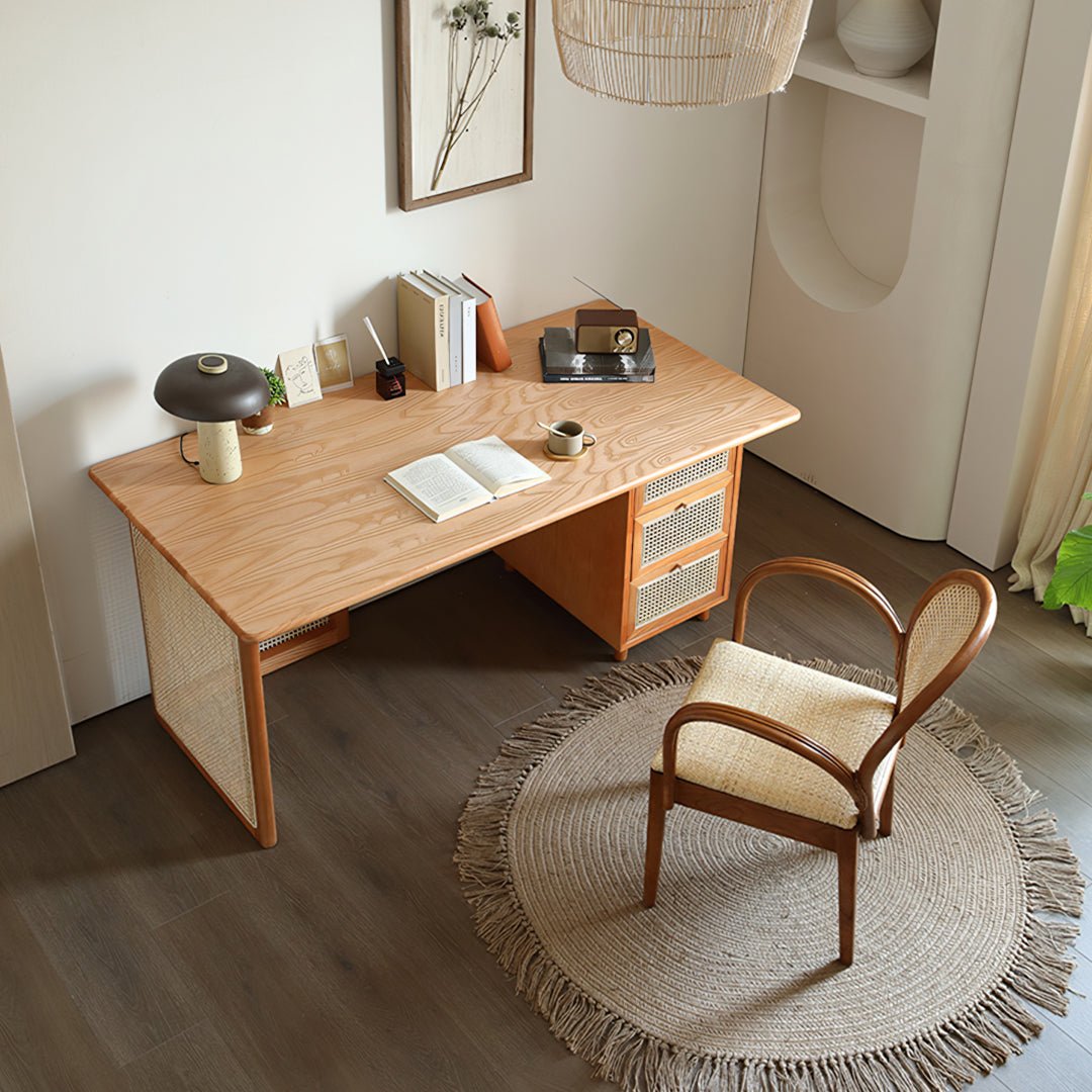Anya Office Desk With Storage & Office Chair, Ash Wood & Rattan - Miola