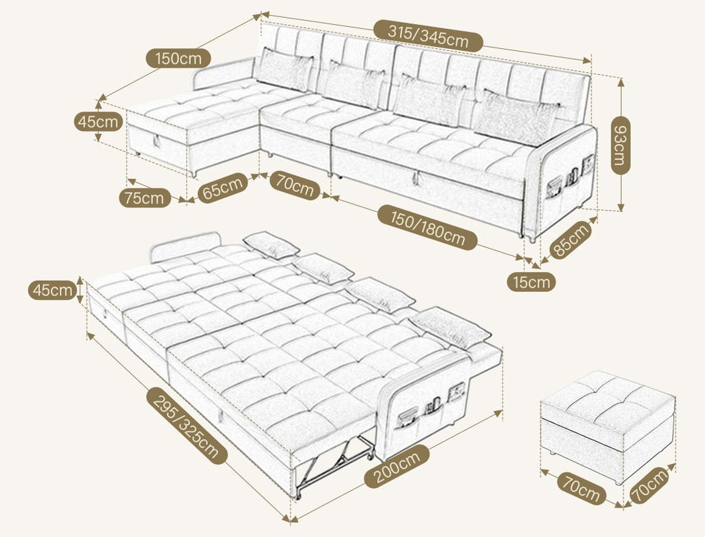 ML203 Three Seater Sofa Bed, L Shape Sofa Bed With Storage, Linen - Miola