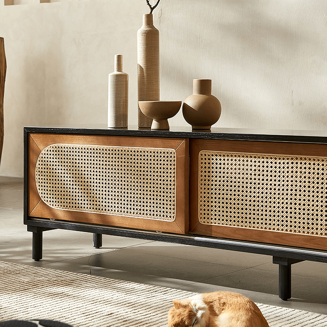 Dogon Rattan TV Stand, Black, Solid Wood - Miola