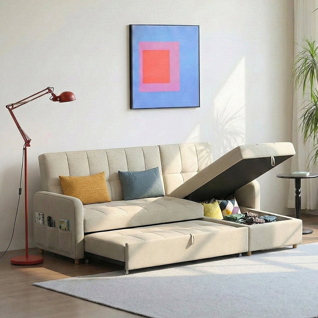ML203 Three Seater Sofa Bed, L Shape Sofa Bed With Storage, Linen - Miola