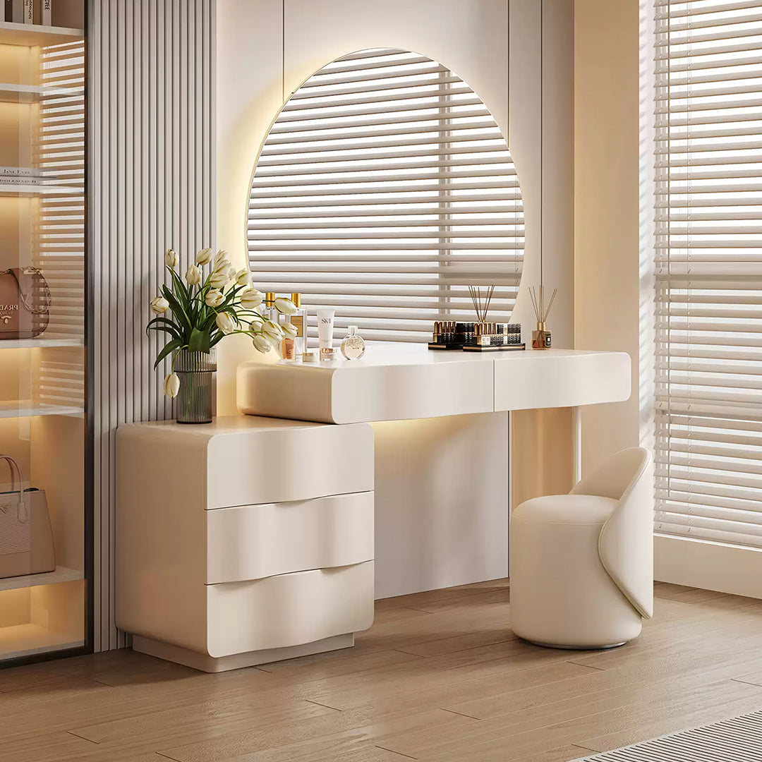 cream dressing table with mirror Cream White Vanity Desk with 3 Drawers, Modern Makeup Table or Writing Desk, Multipurpose Dressing Table for Bedroom, No Mirror Included
