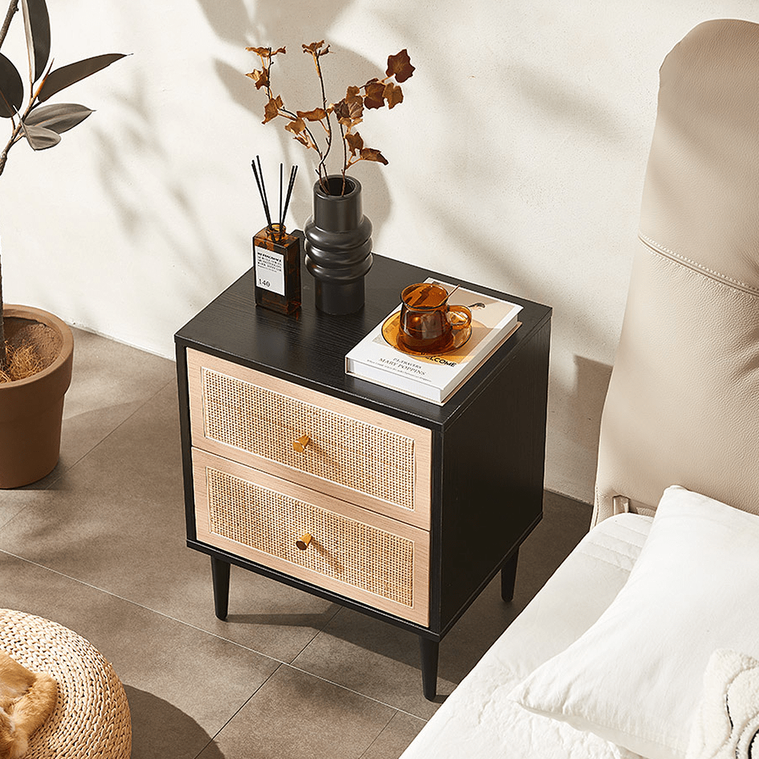 Tsaatan Wood Bedside Table, Rattan, Black - Miola