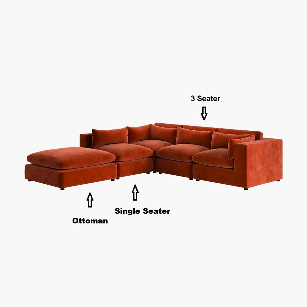 Ranjan Three Seater Corner Sofa, Red Velvet - Miola