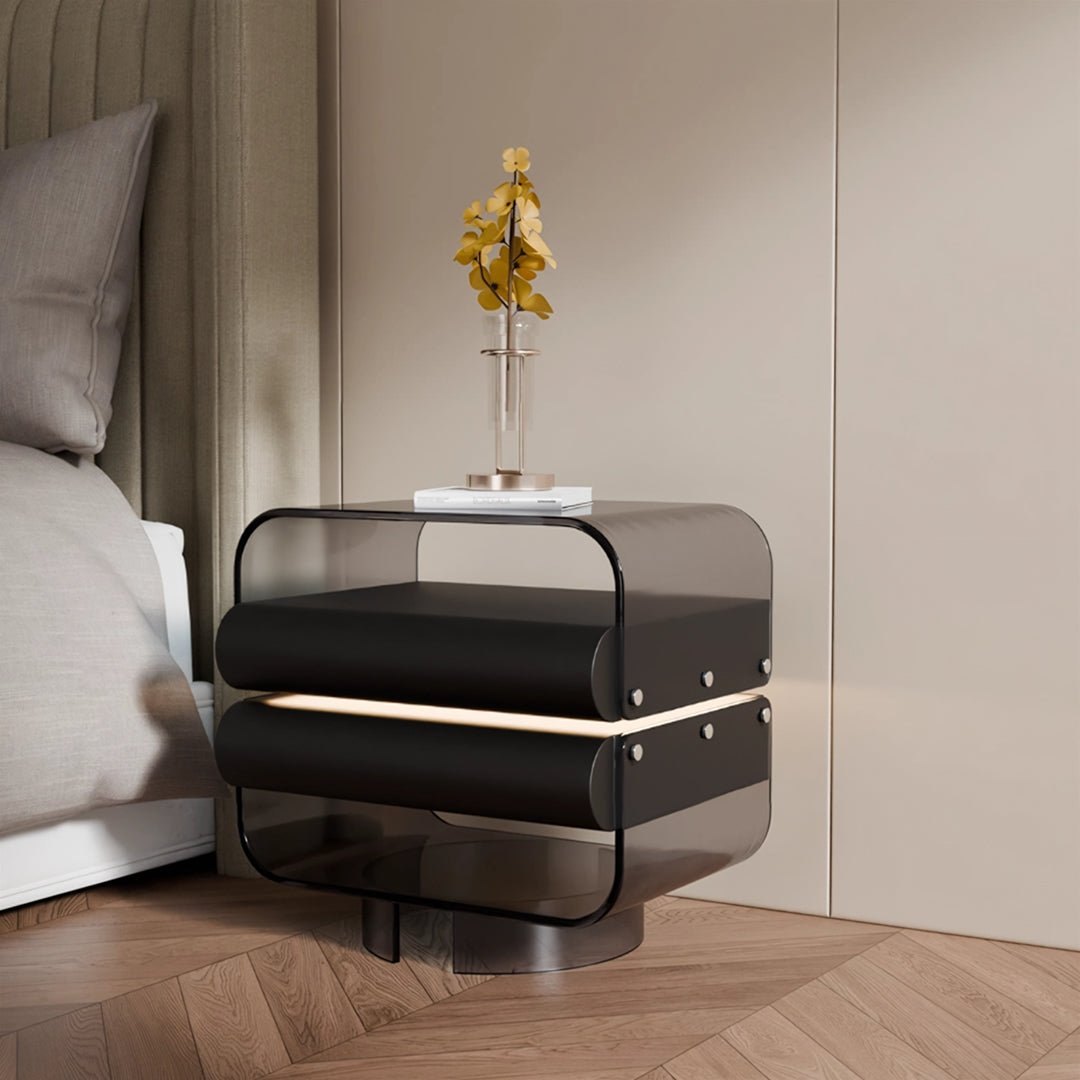 Friesen Rotateble Bedside Table With Storage & Light Strip - Miola