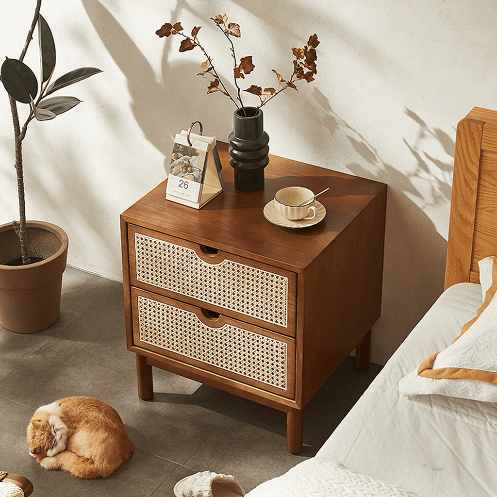 Kogi Bedside Table Solid Wood, Rattan - Miola