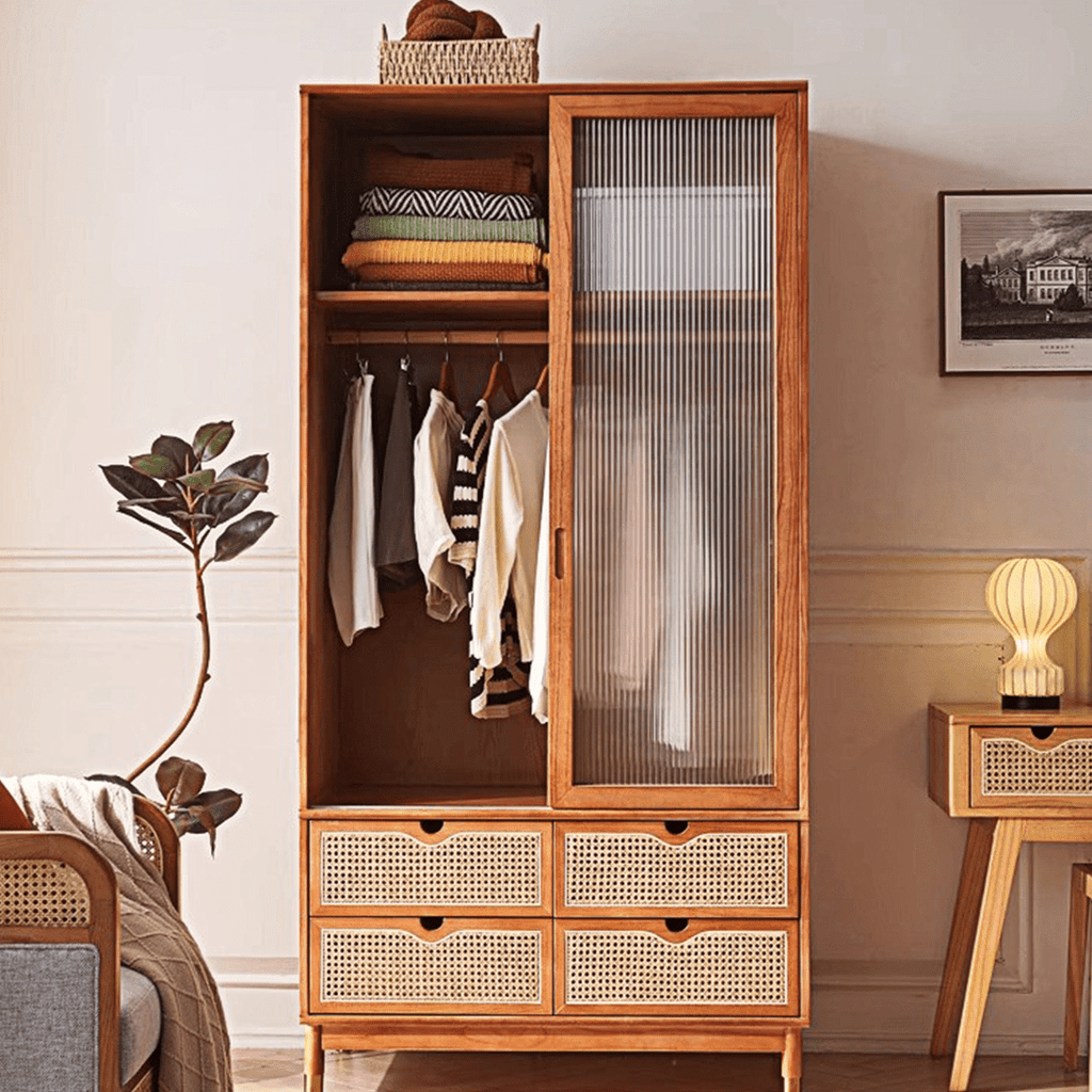 Fritzy Rattan Wardrobe With Coat Hanger & Sliding Glass Doors - Miola