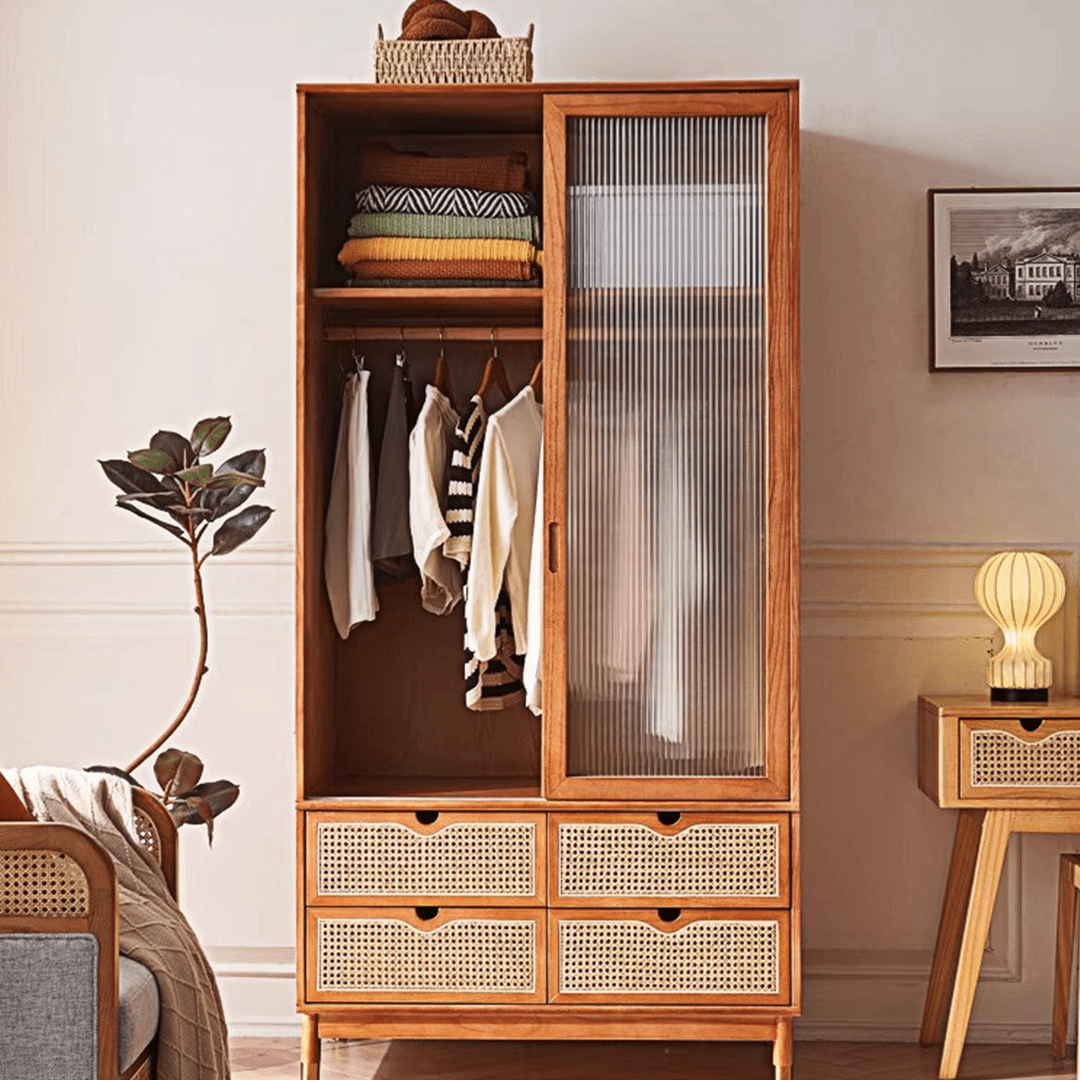 Fritzy Rattan Wardrobe With Coat Hanger & Sliding Glass Doors - Miola