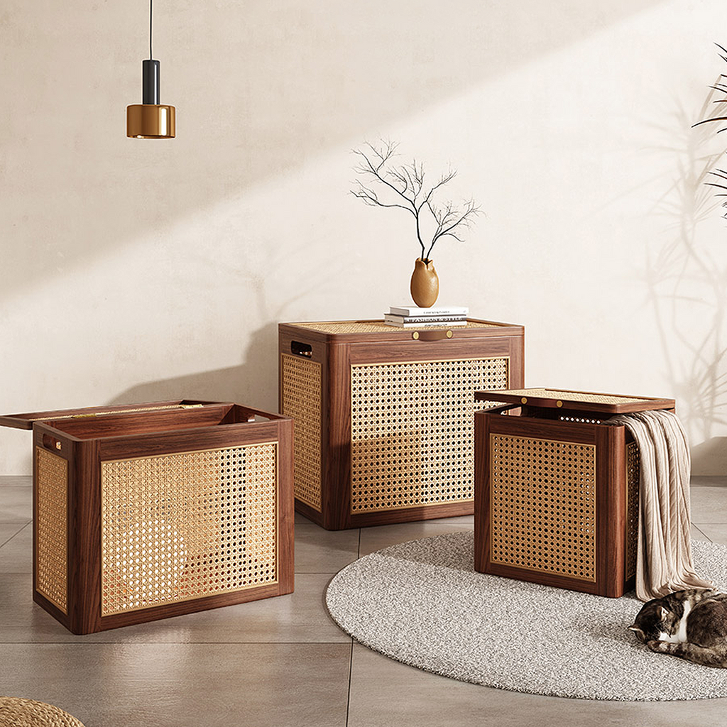 Aka Solid Wood Storage Box With Lid, Rattan Ottoman
