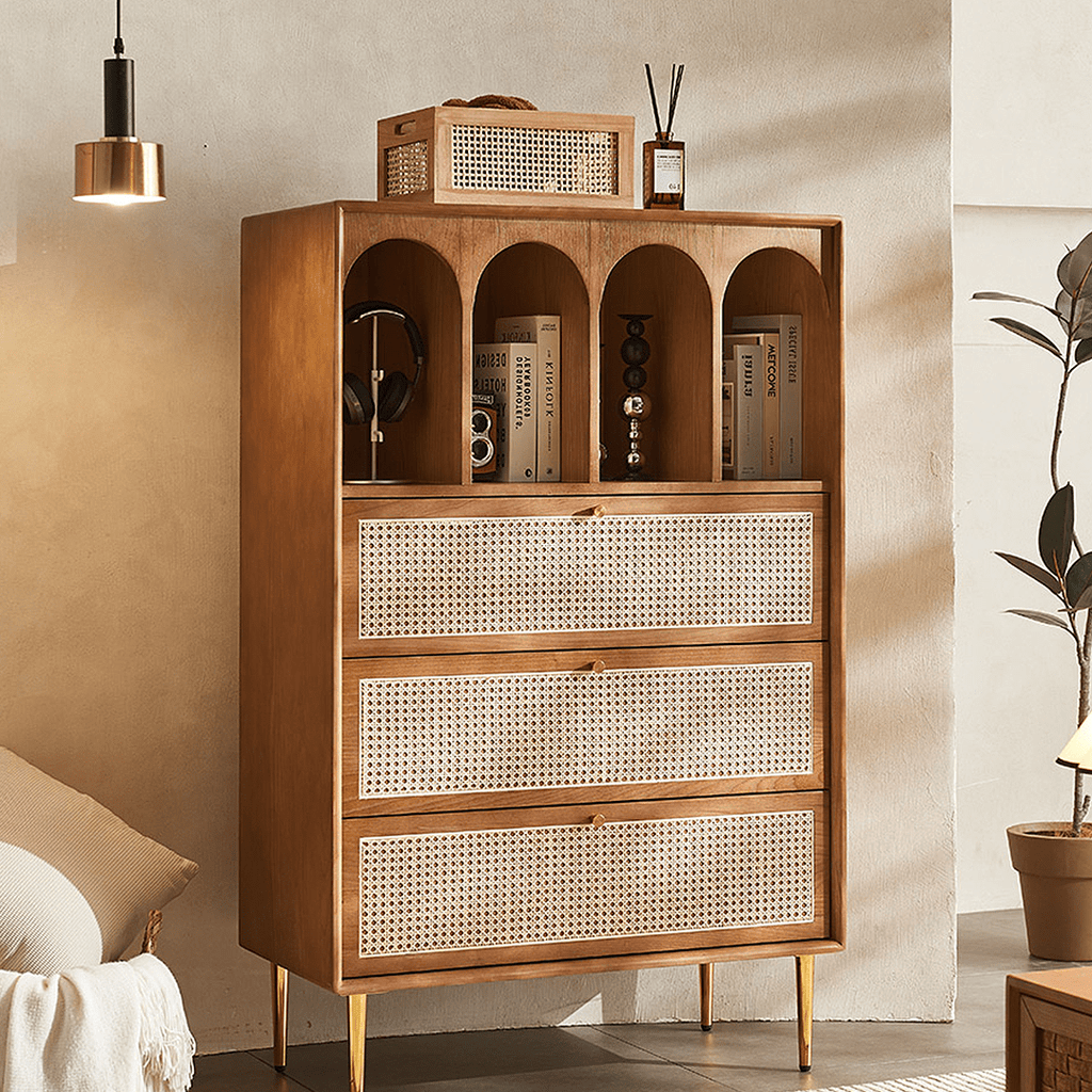 Maasai Tall Sideboard, Rattan & Solid Wood Cabinet - Miola