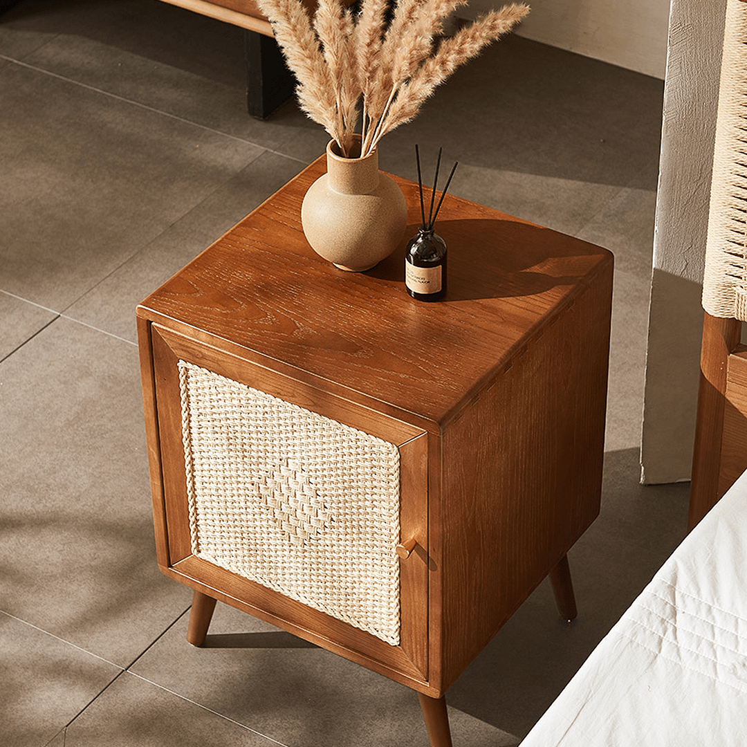 Himba Rattan Bedside Table, Solid Wood - Miola