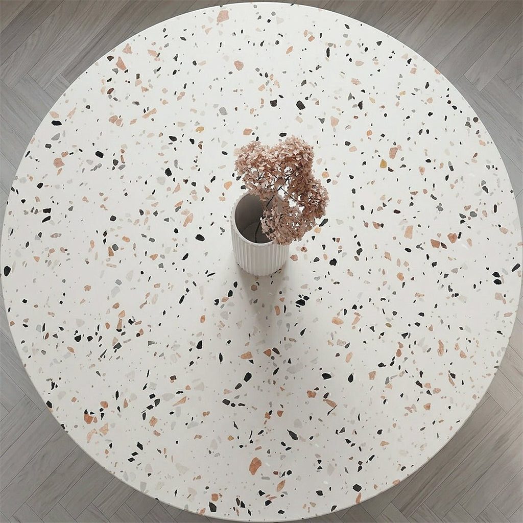 Cracky White Round Dining Table, Premium Terrazzo And Wood Base - Miola