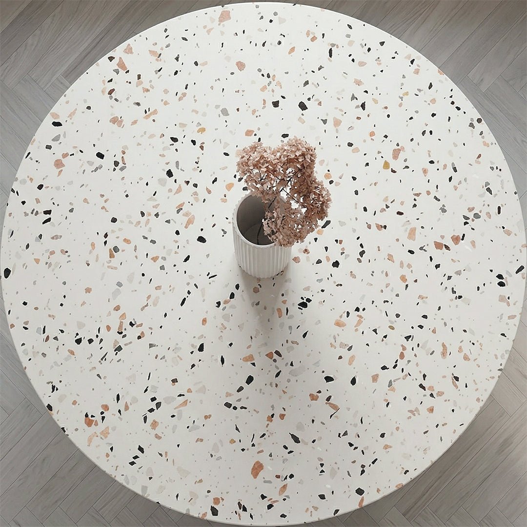Cracky White Round Dining Table, Premium Terrazzo And Wood Base - Miola