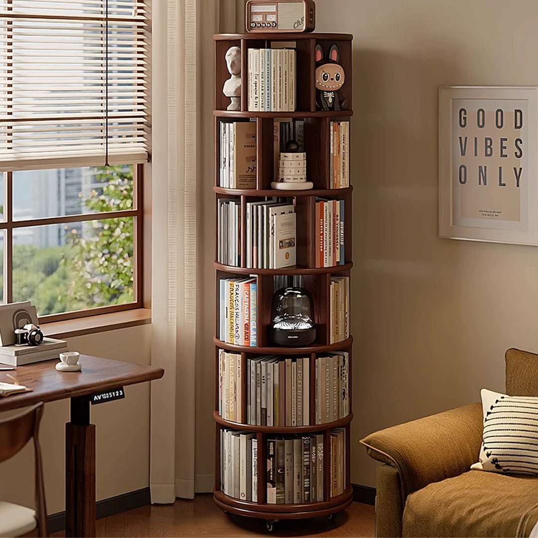 Stojanovic Round Rotating Bookshelf, Corner Bookshelf With Castors - Miola