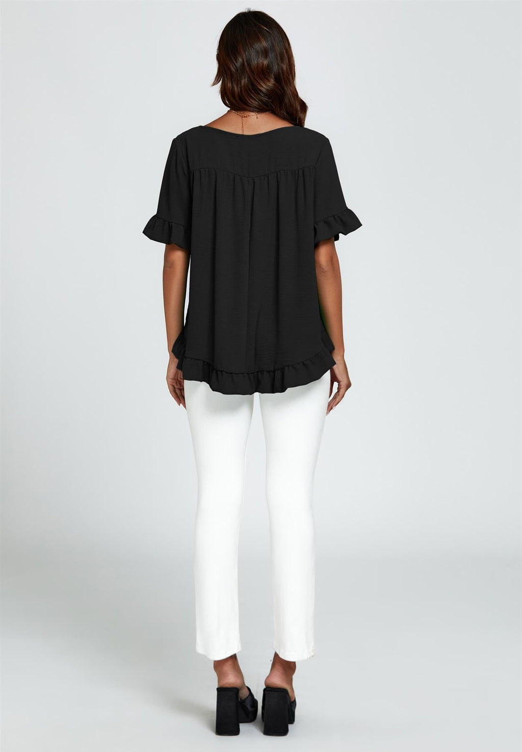 Frill Detail Short Sleeves Top In Black