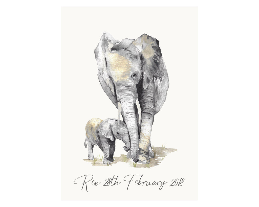 Elephant Mum and Baby Watercolour Print