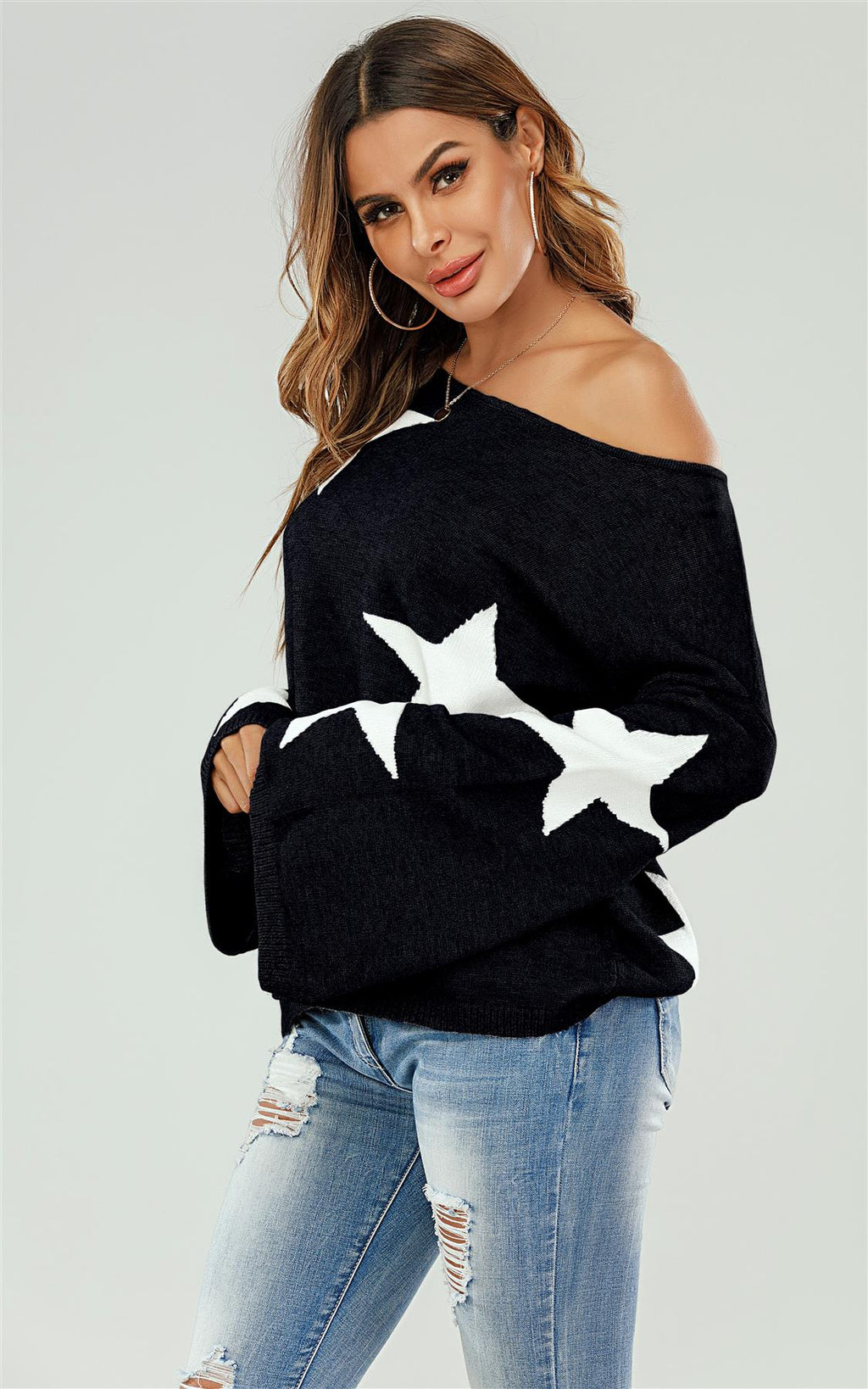Wide Sleeve Oversize Black Jumper with White Star - Miola