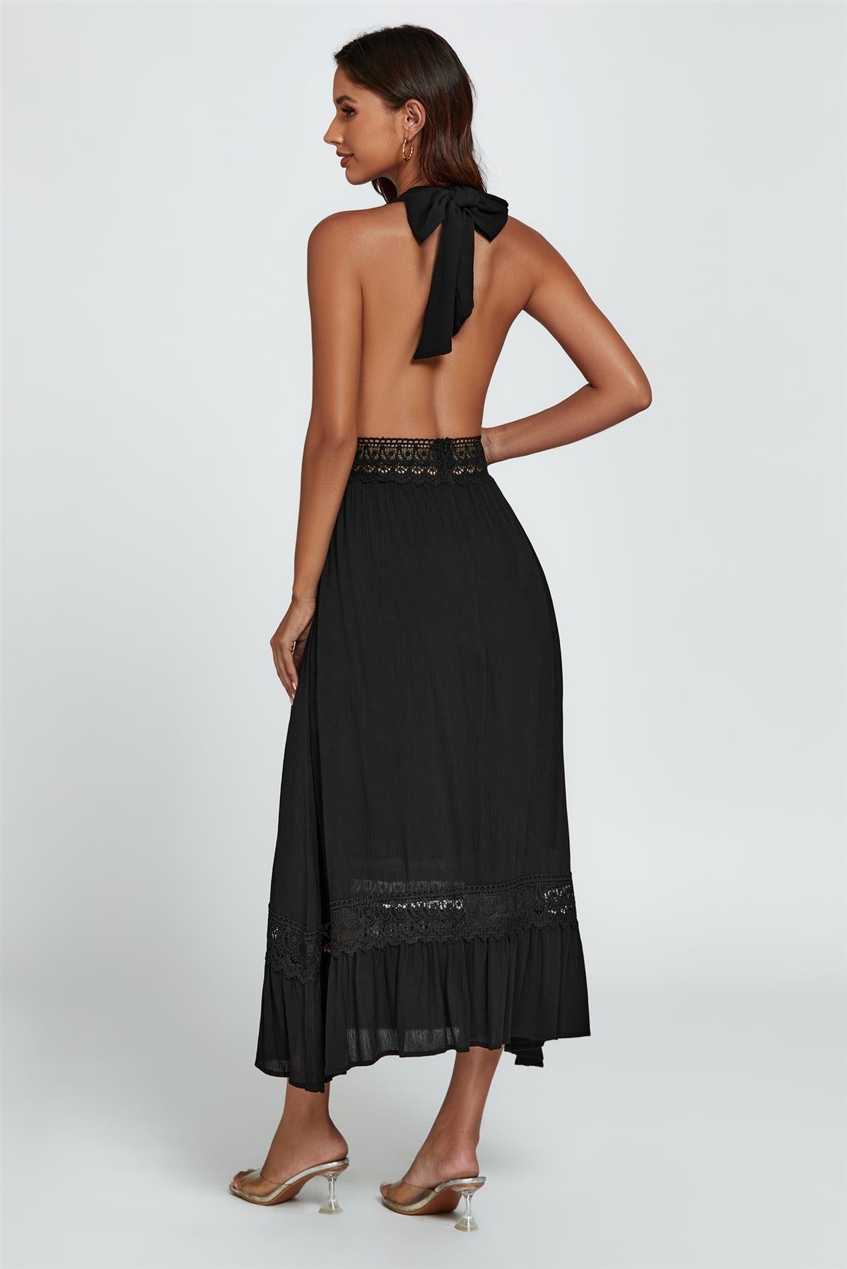 Lace Detail V Neckline Maxi Dress In Black