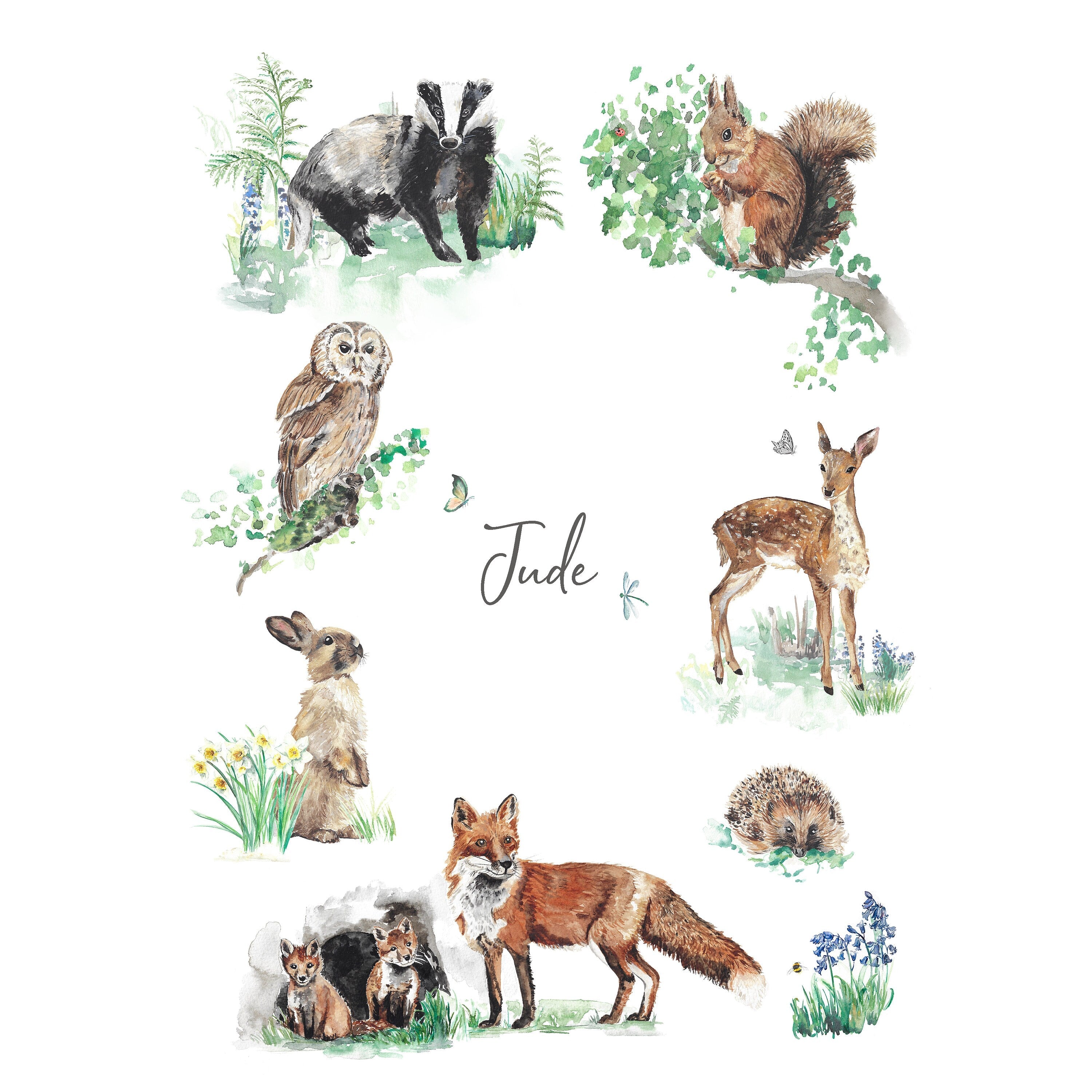 Forest Animals Watercolour Name Print
