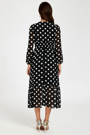Dot Print Lace Trim Long Sleeve Maxi Dress In Black