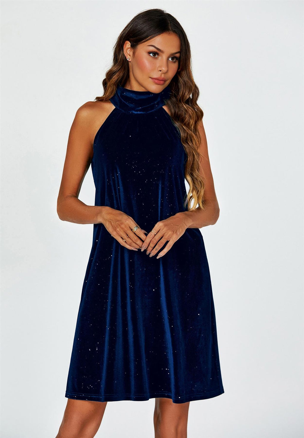 Silver Foil Velvet Halter Neck Tie Back Mini Dress In Navy