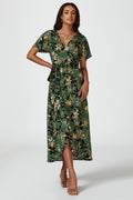 Abstract Floral Wrap Maxi Dress in Olive - Miola