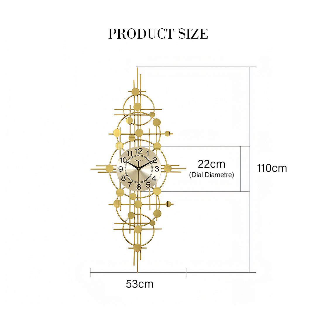 Cohen Art Deco Gold Wall Clock, Silent Clock, Horizontal Or Vertical - Miola