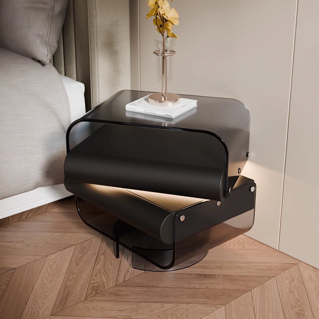 Friesen Rotateble Bedside Table With Storage & Light Strip - Miola