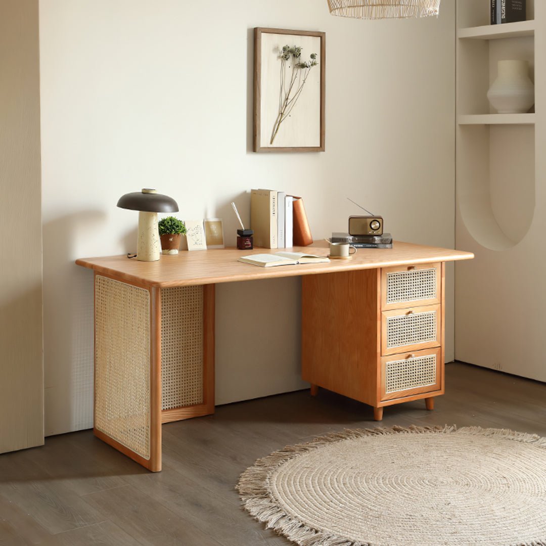 Anya Office Desk With Storage & Office Chair, Ash Wood & Rattan - Miola