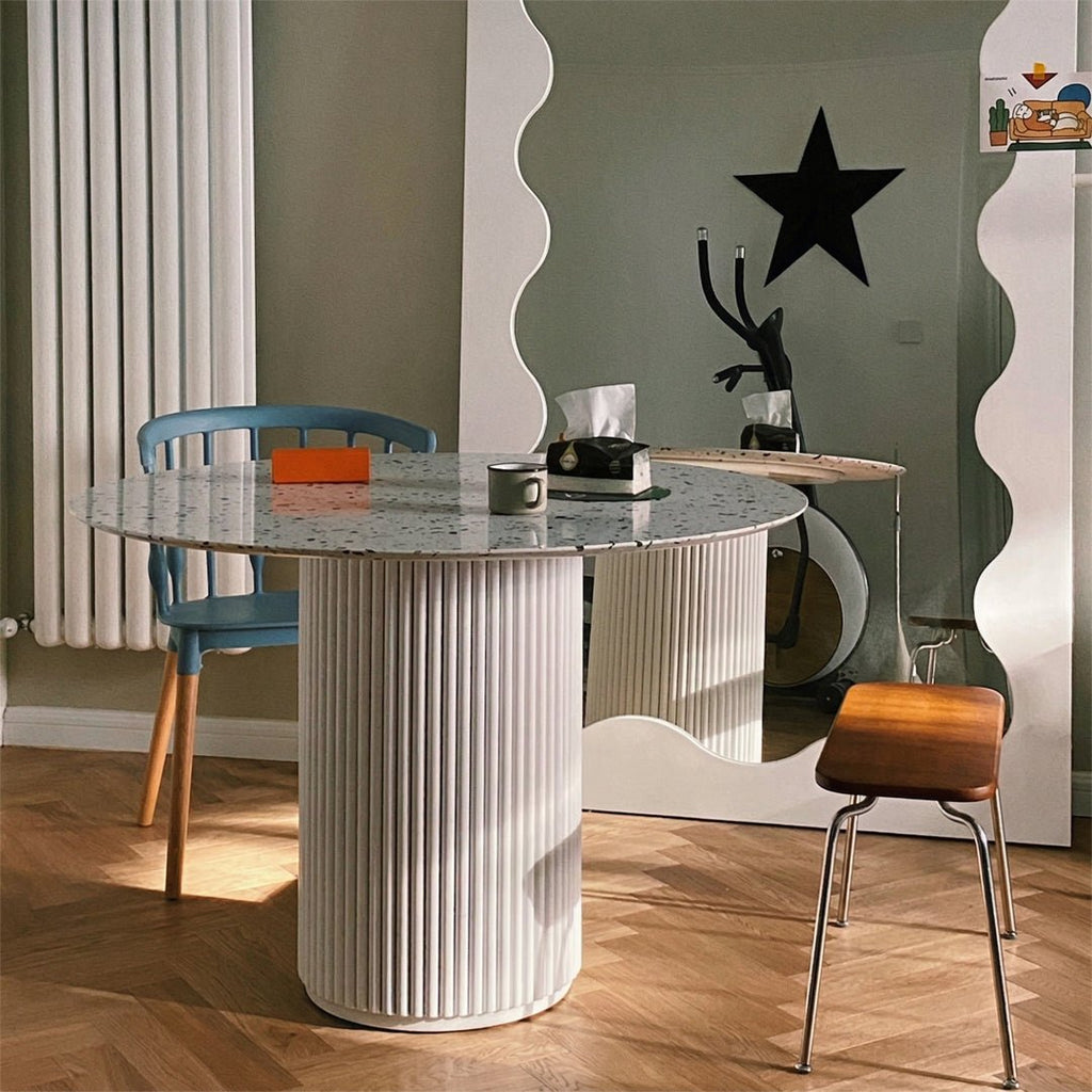 Cracky White Round Dining Table, Premium Terrazzo And Wood Base - Miola