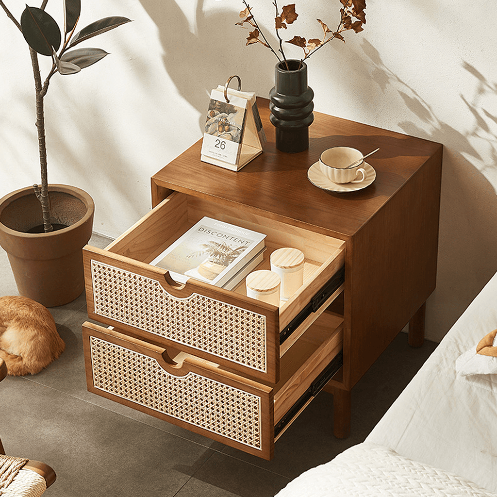 Kogi Bedside Table Solid Wood, Rattan - Miola