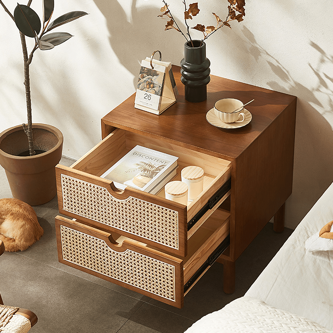 Kogi Bedside Table Solid Wood, Rattan - Miola