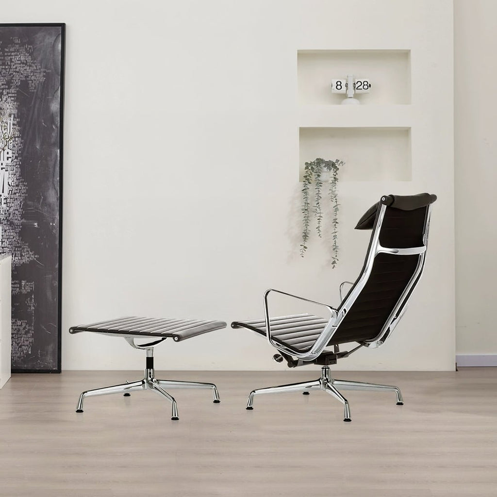 Qureshi Swivel Office Chair With Footstool, Black Leather - Miola