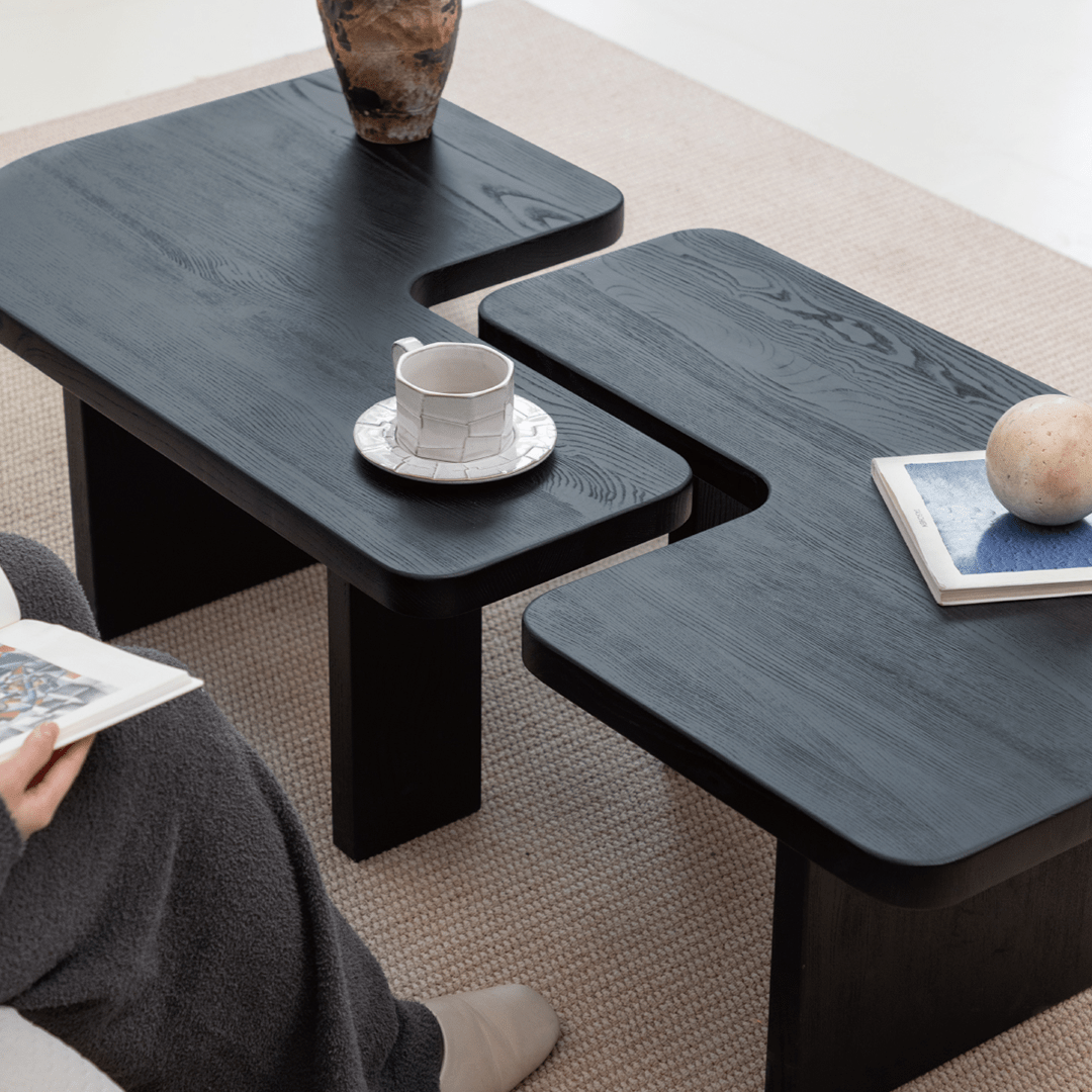 Helios Square Coffee Table Set, Black & Walnut - Miola