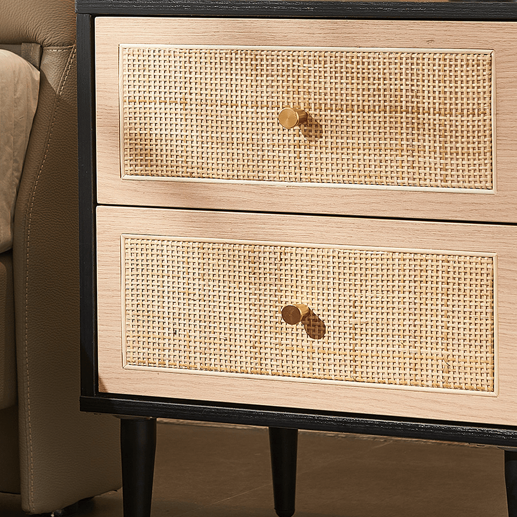 Tsaatan Wood Bedside Table, Rattan, Black - Miola